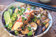 Salmon & Mushroom Wild Rice Bowl with Creamy Miso Dressing