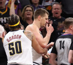 Nuggets’ Nikola Jokic tosses ball to Suns owner Mat Ishbia, shakes his hand priorto Game 5