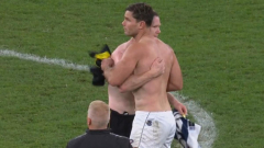 Tom Hawkins and Jack Riewoldt swap jumpers after Richmond’s upset AFL win over Geelong