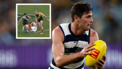 Geelong forward Ollie Henry on the sidelines after bursting testicle