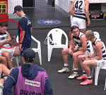 AFL examining videofootage of Geelong champ Tom Hawkins looking at a phone throughout lightning hold-up
