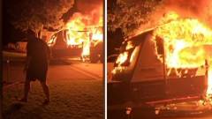 Gold Coast guy’s brave act after caravan bursts into flames next to his home