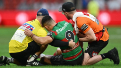 South Sydney hooker Peter Mamouzelos in agony after last-minute elbow dislocation