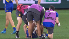 West Coast captain Oscar Allen helped from the field in hands of medical staff