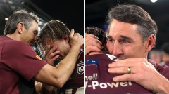 Cameron Munster and Billy Slater break down after leading Queensland to victory in State of Origin decider