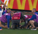 West Coast star Liam Ryan remarkably plays on after sickening head clash with Melbourne’s Trent Rivers