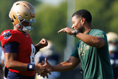 See Notre Dame head coach Marcus Freeman wearing ‘The Shirt’ during Wednesday’s practice