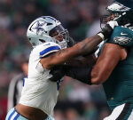 Jordan Mailata breathes a sigh of relief after Micah Parsons exits the NFC East