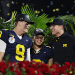 LOOK: Former Michigan football duo Jim Harbaugh and J.J. McCarthy reunite in the NFL