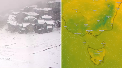 Mount Hotham gets unseasonable blast of snow after wild weather pelts the east coast