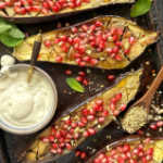 Roasted Eggplant with Pomegranates & Tahini Lemon Dressing