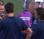 Geelong coach Chris Scott and assistant Nathan Buckley in ‘animated’ discussion after nightmare start against Fremantle