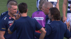 Geelong coach Chris Scott and assistant Nathan Buckley in ‘animated’ discussion after nightmare start against Fremantle